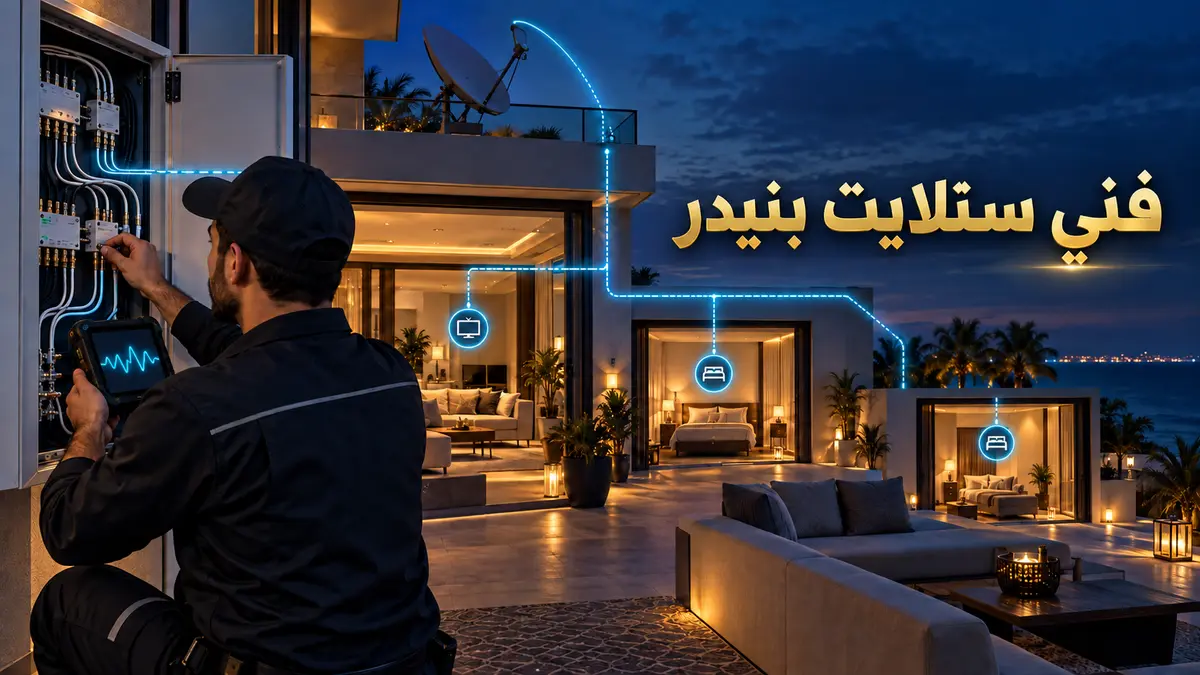 فني ستلايت بنيدر يفحص لوحة توزيع ونقاط شاليه بعد التوقف