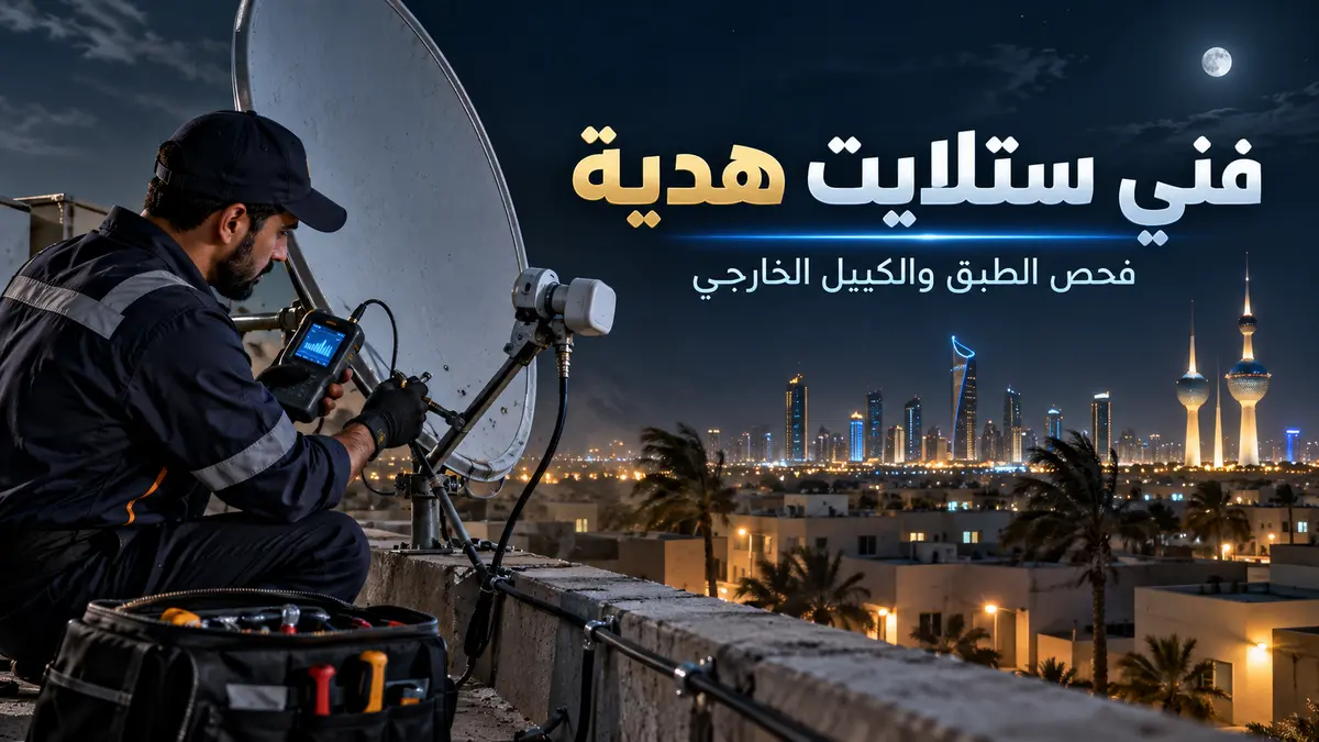 فني ستلايت هدية يفحص ثبات الطبق والكيبل الخارجي