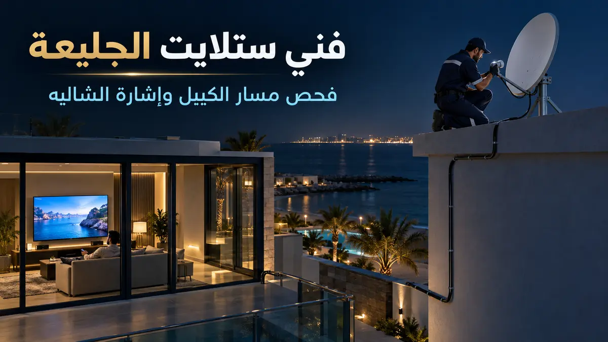 فني ستلايت الجليعة يفحص مسار الكيبل وإشارة الشاليه