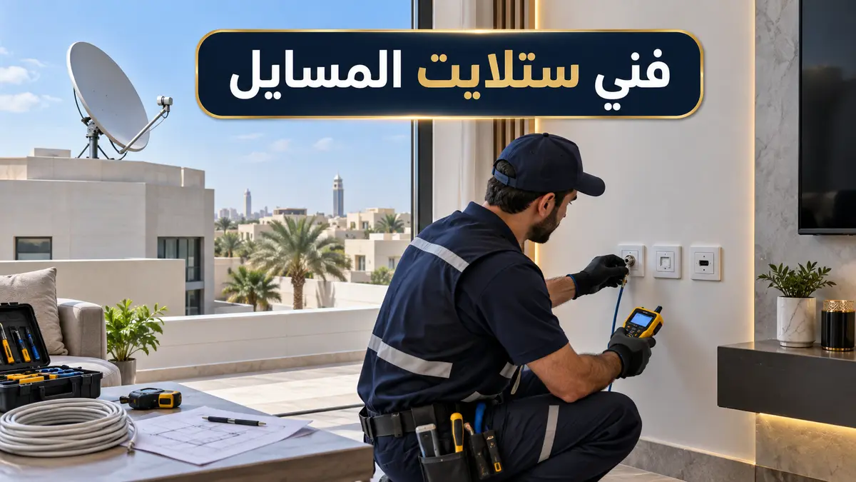 فني ستلايت المسايل يخطط نقاط الشاشات ومسارات الكيبل في الفيلا